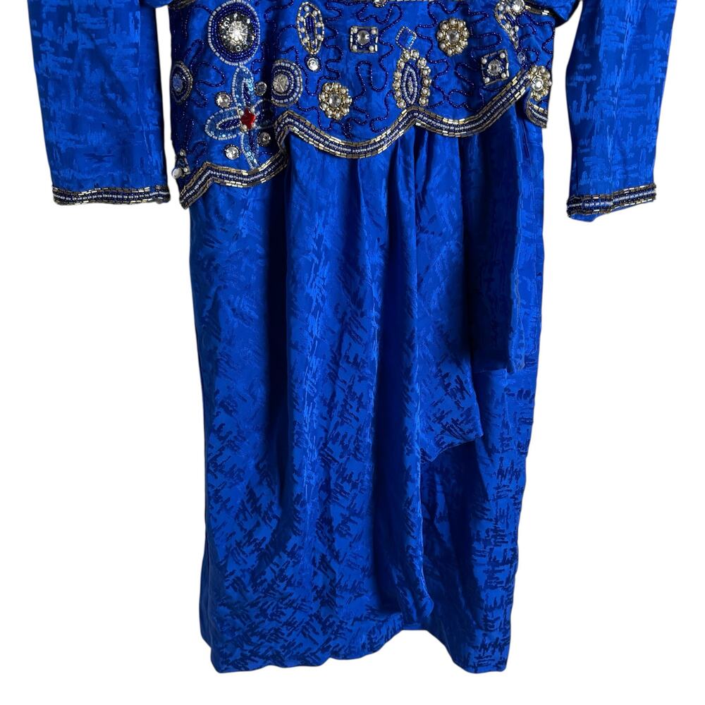 Vintage 80s d’ore Royal Blue Jewel Beaded Silk Jacquard Long Sleeve Dress Size 8 - Picture 3 of 11